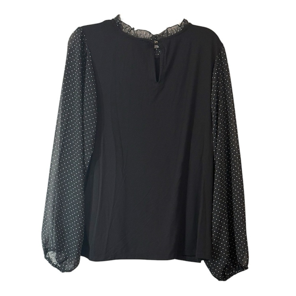 Tahari Women Top Polka Dot Sheer Sleeves Polka Sheer Ruffle Neck Black Size 1X - Picture 2 of 5
